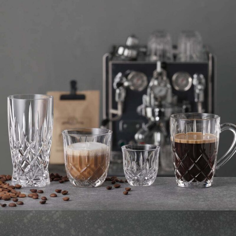 Nachtmann Noblesse Barista lead free crystal espresso cups, 90ml, shown alongside larger crystal coffee glasses