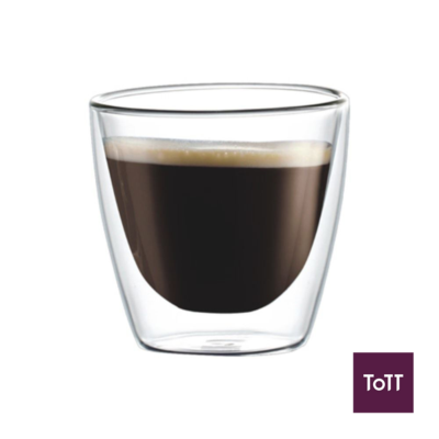 Aramoro borosilicate double wall glass cups showing the transparent body, 160ml pair